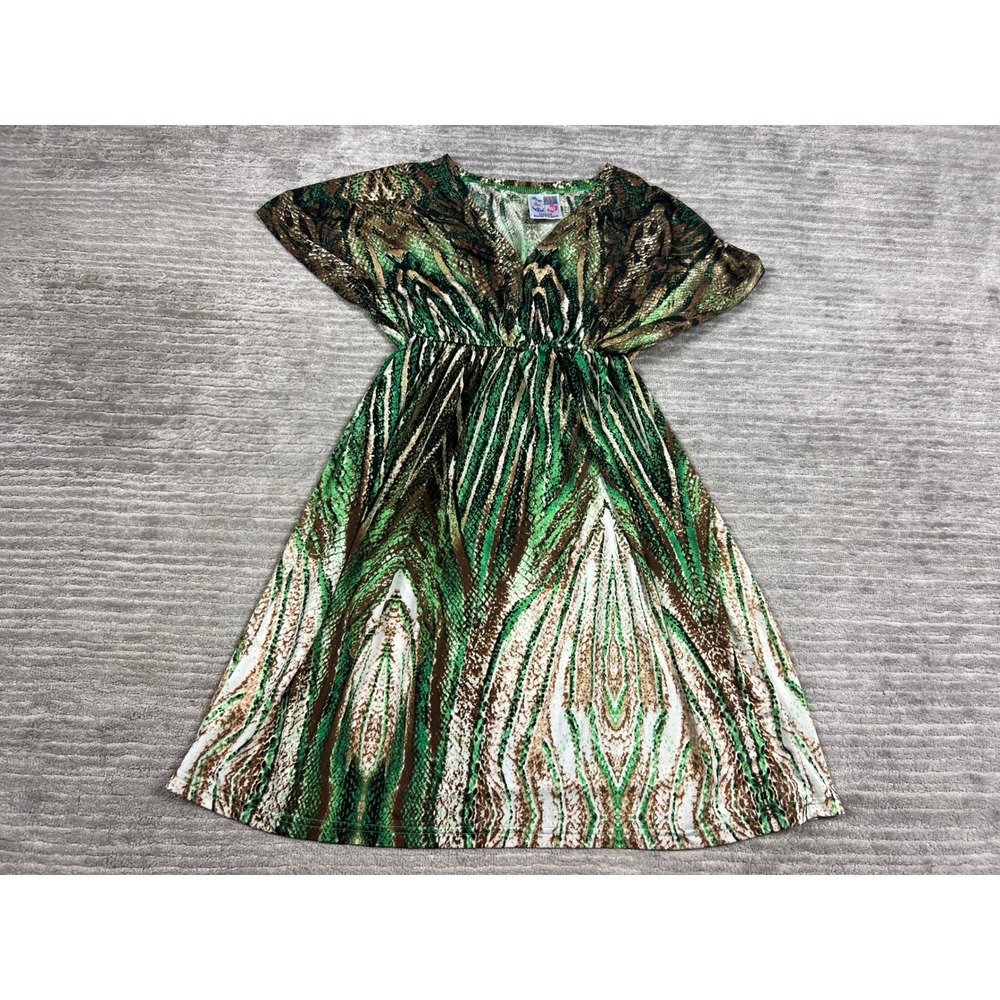 India Boutique Dress Womens One Size Green Brown Snakeskin Print Boho V-Neck